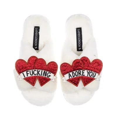 Laines London Women's Neutrals / White Classic Laines Slippers With I Fucking Adore You Brooches - Cream