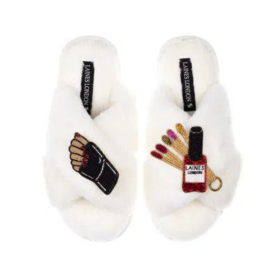 Laines London Women's Neutrals / White Classic Laines Slippers With Olive Nail Tech Brooches - Cream