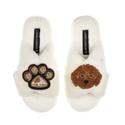 Laines London Women's Neutrals / White Classic Laines Slippers With Paw & Apricot Cockapoo Brooches - Cream