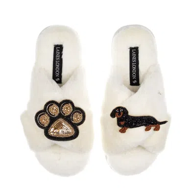 Laines London Women's Neutrals / White Classic Laines Slippers With Paw & Black & Tan Dachshund Brooches - Cream In Animal Print