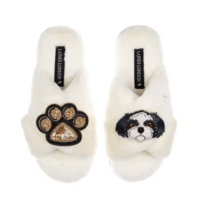 Laines London Women's Neutrals / White Classic Laines Slippers With Paw & Black & White Shih Tzu Brooches - Cream