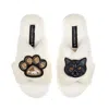Laines London Women's Neutrals / White Classic Laines Slippers With Paw & Black Scottish Fold Cat Brooches - Cream In White