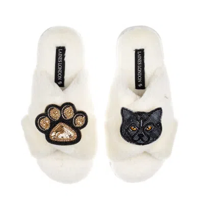 Laines London Women's Neutrals / White Classic Laines Slippers With Paw & Black Scottish Fold Cat Brooches - Cream