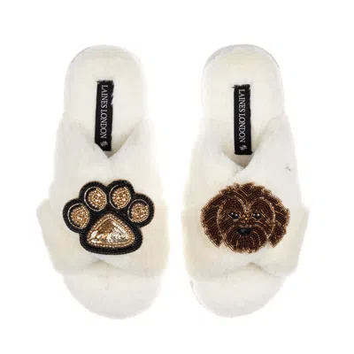 Laines London Women's Neutrals / White Classic Laines Slippers With Paw & Chocolate Cockapoo Brooches - Cream