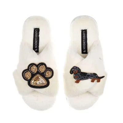 Laines London Women's Neutrals / White Classic Laines Slippers With Paw & Dapple Dachshund Brooches - Cream