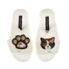 Laines London Women's Neutrals / White Classic Laines Slippers With Paw & Domestic Shorthair Calico Cat Brooches - In Multi