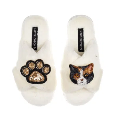 Laines London Women's Neutrals / White Classic Laines Slippers With Paw & Domestic Shorthair Calico Cat Brooches - In Multi