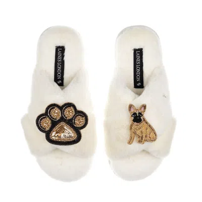 Laines London Women's Neutrals / White Classic Laines Slippers With Paw & Fawn Sitting French Bulldog Brooches - C