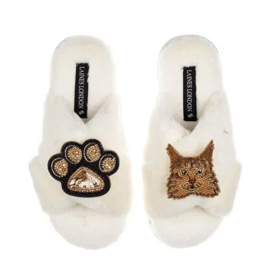 Laines London Women's Neutrals / White Classic Laines Slippers With Paw & Ginger Norwegian Forest Cat Brooches - C