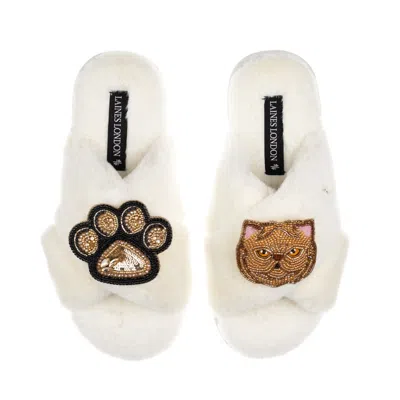 Laines London Women's Neutrals / White Classic Laines Slippers With Paw & Ginger Persian Cat Brooches - Cream