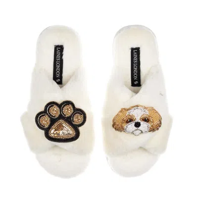 Laines London Women's Neutrals / White Classic Laines Slippers With Paw & Gold & White Shih Tzu Brooches - Cream