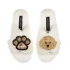 Laines London Women's Neutrals / White Classic Laines Slippers With Paw & Golden Cockapoo Brooches - Cream In White