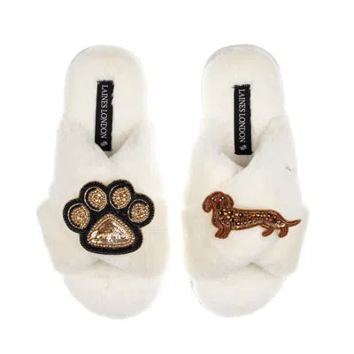 Laines London Women's Neutrals / White Classic Laines Slippers With Paw & Red Dachshund Brooches - Cream