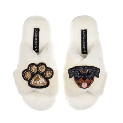 Laines London Women's Neutrals / White Classic Laines Slippers With Paw & Rottweiler Brooches - Cream