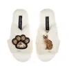 Laines London Women's Neutrals / White Classic Laines Slippers With Paw & Sitting Ginger Cat Brooches - Cream In Animal Print