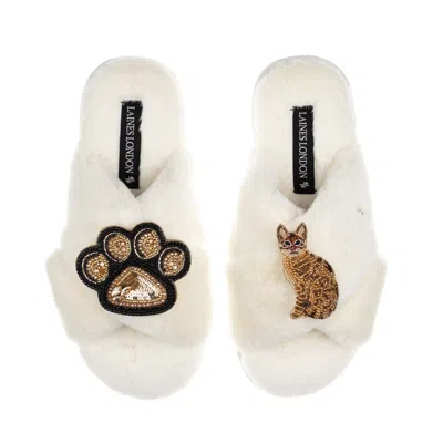 Laines London Women's Neutrals / White Classic Laines Slippers With Paw & Sitting Ginger Cat Brooches - Cream In Animal Print