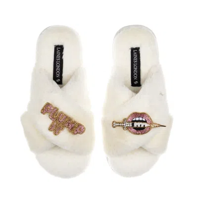 Laines London Women's Neutrals / White Classic Laines Slippers With Plump It Pout Brooches - Cream