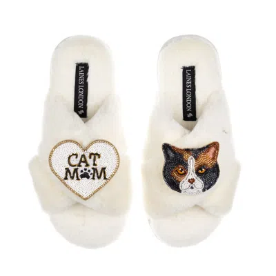 Laines London Women's Neutrals / White Classic Slippers With Cat Mum/mom & Domestic Shorthair Calico Cat Brooches 