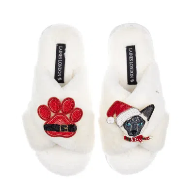 Laines London Women's Neutrals / White Classic Slippers With Christmas Black & White Siamese Cat & Paw Brooches - 