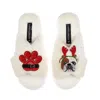 Laines London Women's Neutrals / White Classic Slippers With Christmas British Bulldog & Paw Brooches - Cream In White