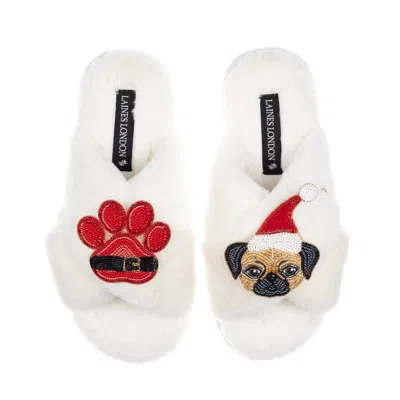 Laines London Women's Neutrals / White Classic Slippers With Christmas Fawn Pug & Paw Brooches - Cream In Transparent
