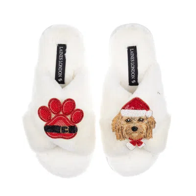 Laines London Women's Neutrals / White Classic Slippers With Christmas Golden Cavapoo & Paw Brooches - Cream