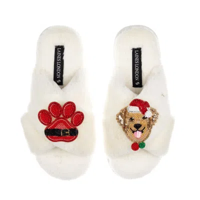 Laines London Women's Neutrals / White Classic Slippers With Christmas Golden Retriever & Paw Brooches - Cream