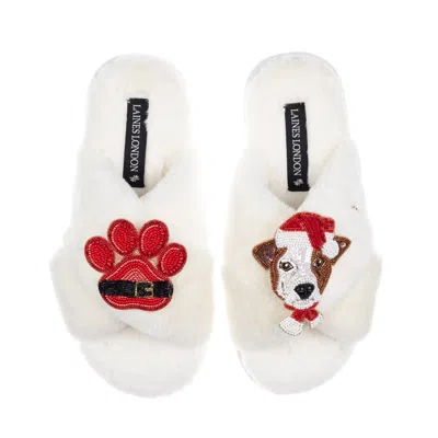 Laines London Women's Neutrals / White Classic Slippers With Christmas Jack Russell & Paw Brooches - Cream