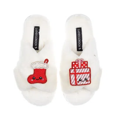 Laines London Women's Neutrals / White Classic Slippers With Christmas Laines Lovables Stocking & Gift Brooches - 