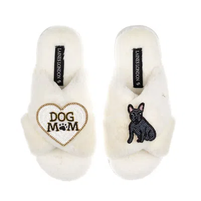 Laines London Women's Neutrals / White Classic Slippers With Dog Mum/mom & Black Sitting French Bulldog Brooches -
