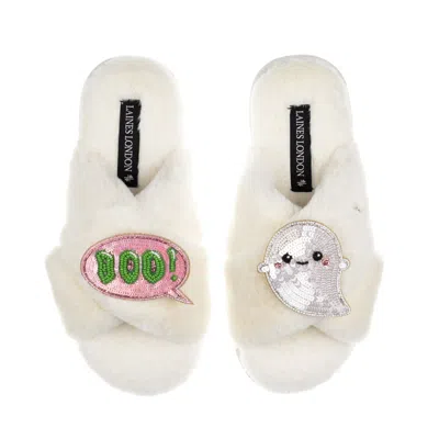 Laines London Women's Neutrals / White Classic Slippers With Limited Edition Laines Lovables Boo The Ghost Hallowe