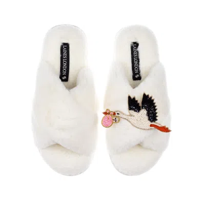 Laines London Women's Neutrals / White Cream Classic Laines Slippers With Baby Girl Stork Brooch - Light Skin