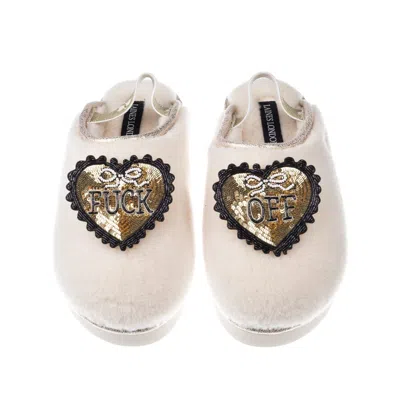 Laines London Women's Neutrals / White Flatform Cloud Slippers With Black & Gold Fuck Off Brooches - Cream