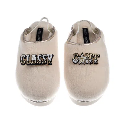 Laines London Women's Neutrals / White Flatform Cloud Slippers With Classy Cunt Brooches - Cream