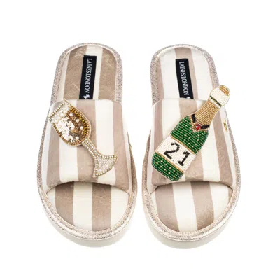 Laines London Women's Neutrals / White Flatform Stripe Open Toe Slippers With Champagne 21st Birthday Brooches - B