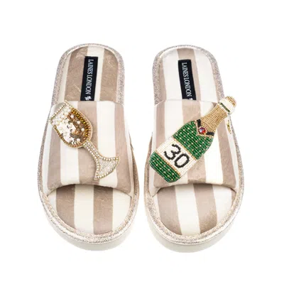 Laines London Women's Neutrals / White Flatform Stripe Open Toe Slippers With Champagne 30th Birthday Brooches - B