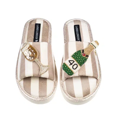 Laines London Women's Neutrals / White Flatform Stripe Open Toe Slippers With Champagne 40th Birthday Brooches - B
