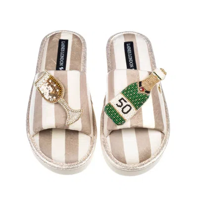 Laines London Women's Neutrals / White Flatform Stripe Open Toe Slippers With Champagne 50th Birthday Brooches - B