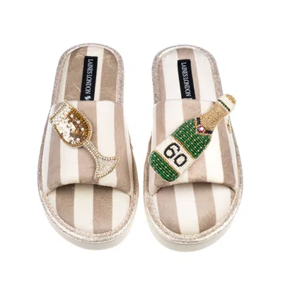 Laines London Women's Neutrals / White Flatform Stripe Open Toe Slippers With Champagne 60th Birthday Brooches - B