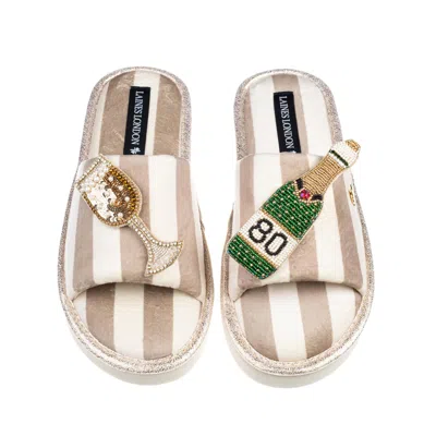 Laines London Women's Neutrals / White Flatform Stripe Open Toe Slippers With Champagne 80th Birthday Brooches - B