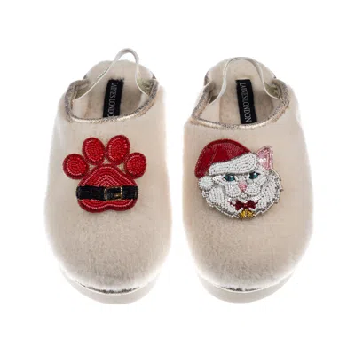 Laines London Women's Neutrals / White / Gold Flatform Cloud Slippers With Christmas White Persian Cat & Paw Brooc In Animal Print
