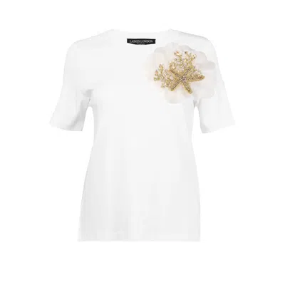 Laines London Women's Neutrals / White / Gold Laines Couture Embellished Organza Ocean Shell Brooch T-shirt - Whit In Multi