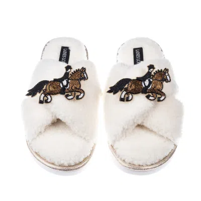Laines London Women's Neutrals / White / Gold Neutral Boucle Slippers With Dressage Horse Brooches - Cream