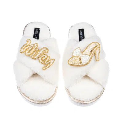 Laines London Women's Neutrals / White / Gold Neutral Boucle Slippers With Wifey & Wedding Heel Brooches - Cream In White/gold