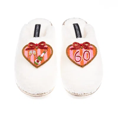 Laines London Women's Neutrals / White / Gold Teddy Closed Toe Slippers With 60th Stripe Heart Birthday Brooches - In Multi