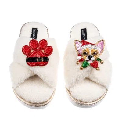 Laines London Women's Neutrals / White Laines Boucle Slippers With Christmas Chihuahua & Paw Brooches - Cream