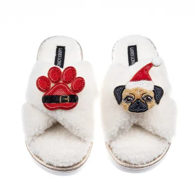 Laines London Women's Neutrals / White Laines Boucle Slippers With Christmas Fawn Pug & Paw Brooches - Cream