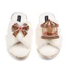 Laines London Women's Neutrals / White Laines Boucle Slippers With Christmas Gingerbread Bow & Carousel Brooches - In White
