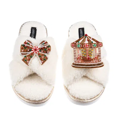 Laines London Women's Neutrals / White Laines Boucle Slippers With Christmas Gingerbread Bow & Carousel Brooches -