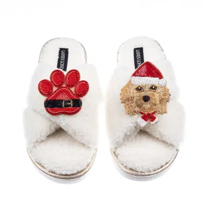 Laines London Women's Neutrals / White Laines Boucle Slippers With Christmas Golden Cavapoo & Paw Brooches - Cream